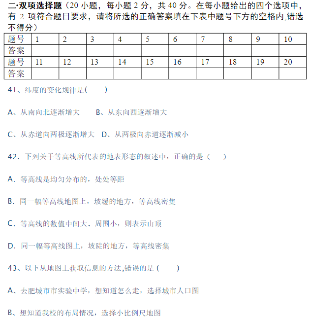 初一地理上册第二单元测试卷