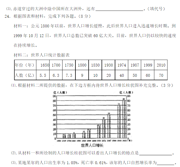 初一地理上册第三单元测试卷