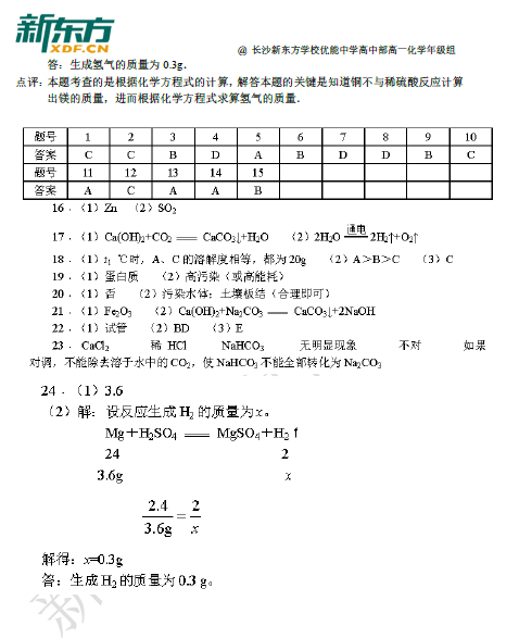 长沙中考化学试卷解析（四）