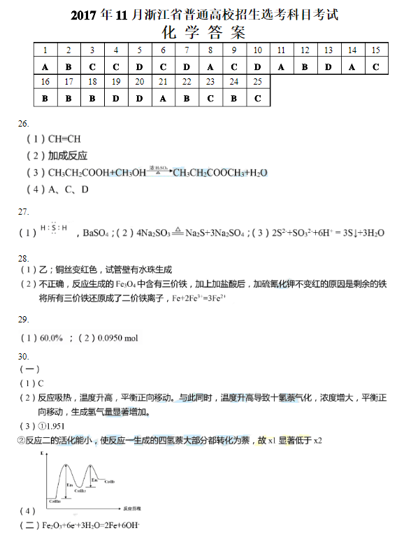 2017年浙江省高考化学11月选考试卷真题及答案