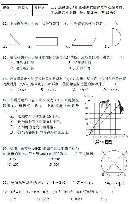 2012长沙新小一分班考试数学试卷真题及答案