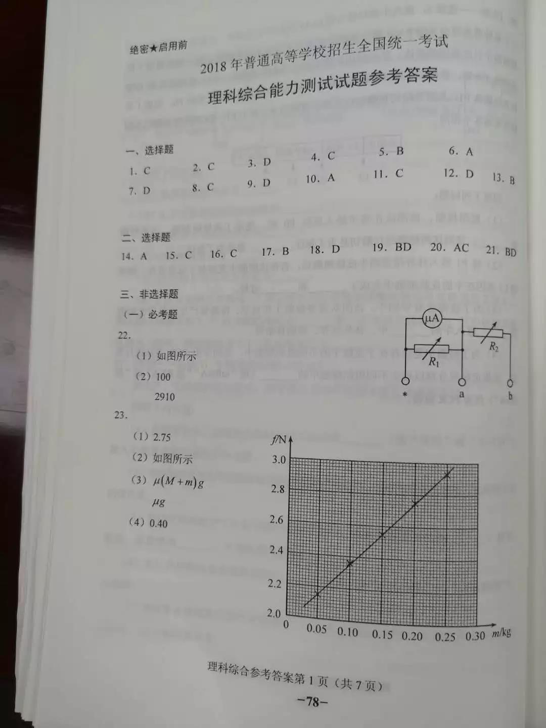 2018年高考全国卷2理综试题答案(网络版)