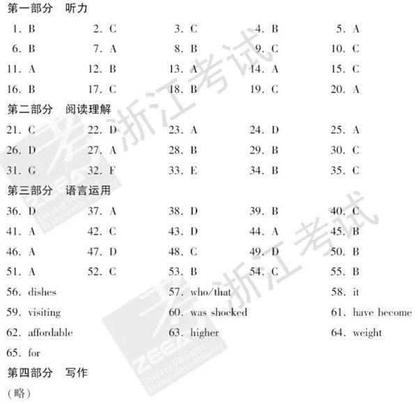 2018浙江高考英语答案（网络版）