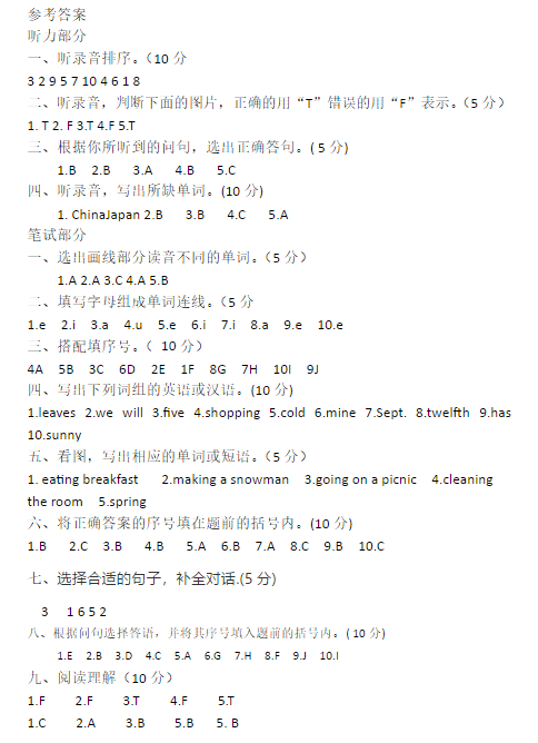 五年级下期英语期末考真题及答案（三）