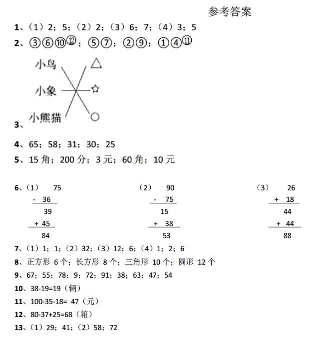 2017长沙一年级下册数学期末考试真题及答案（一）