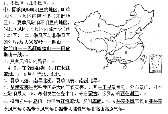 长沙生地会考地理知识点：中国的气候（二）