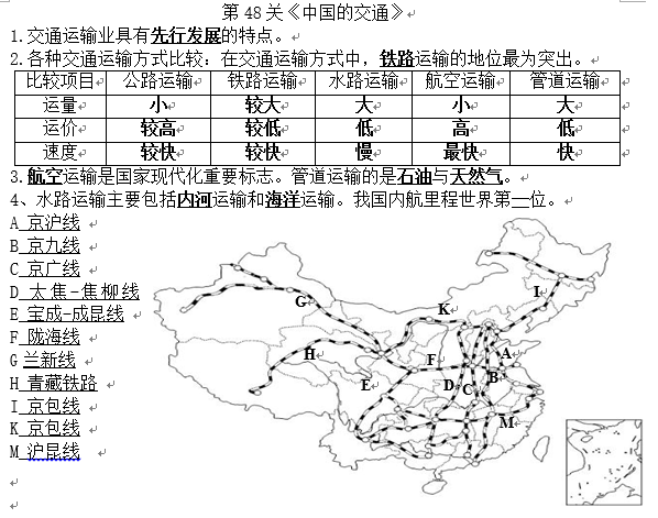 长沙生地会考地理知识点：中国的交通