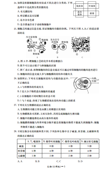 长郡中学高一生物第一学期期中试卷及答案