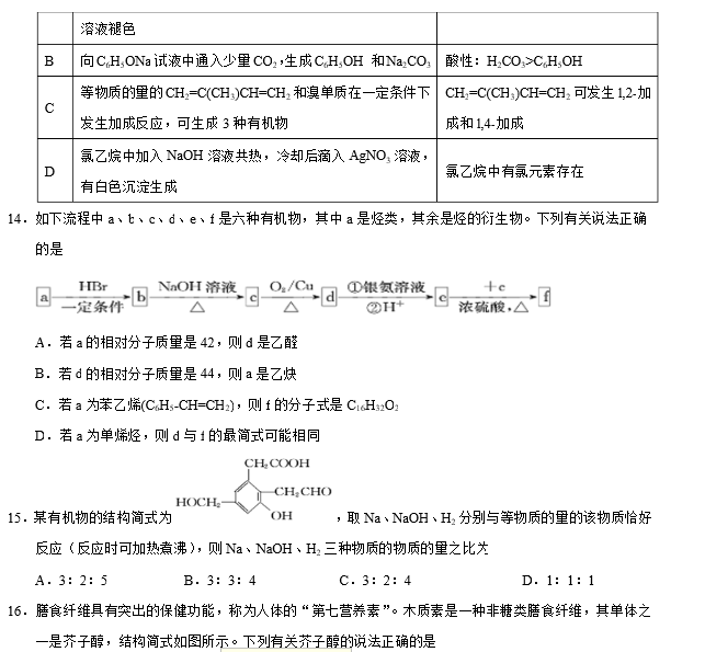 2016年长沙市长郡中学化学期末考试及答案