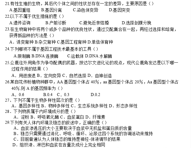 2016年湖南省生物学业水平考试真题