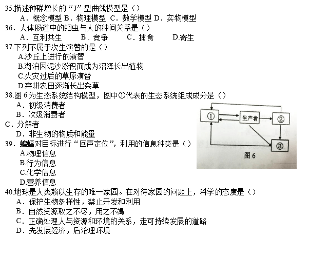 2016年湖南省生物学业水平考试真题