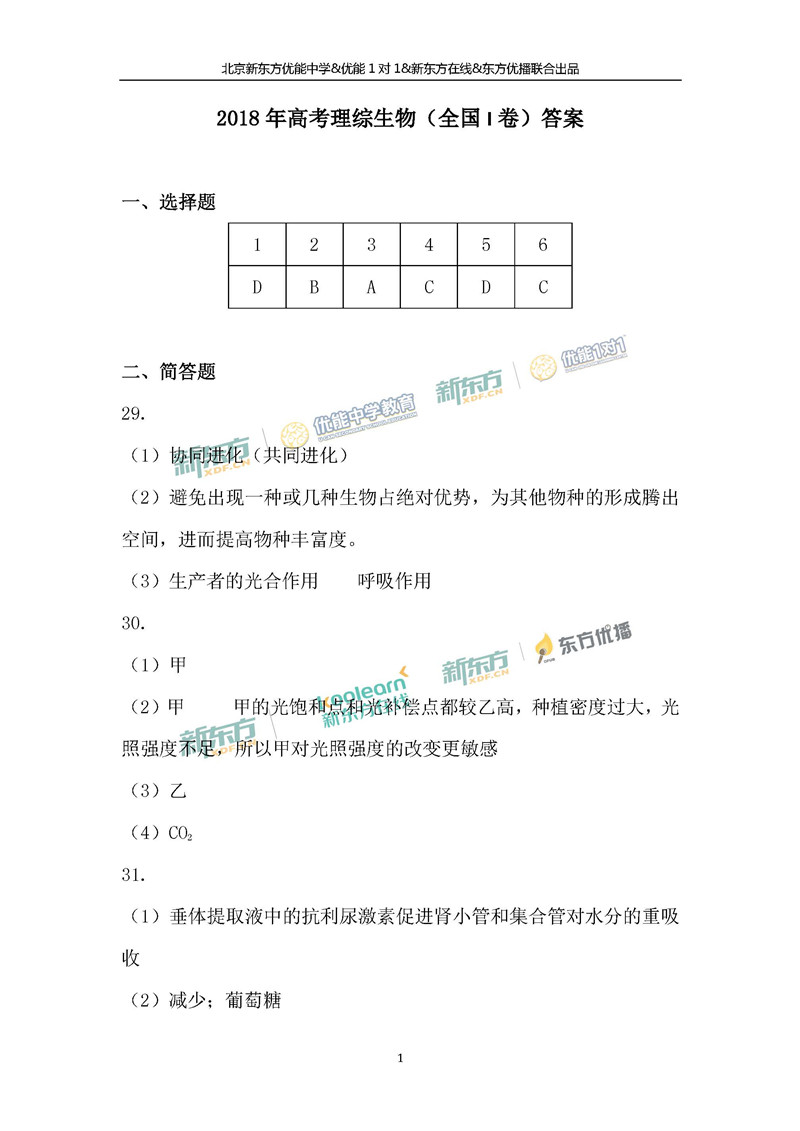 2018全国卷1高考理综答案