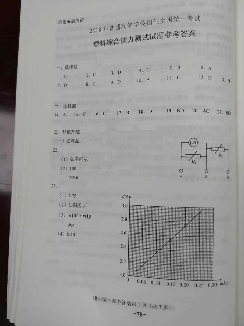 2018年高考全国卷2理综试题答案