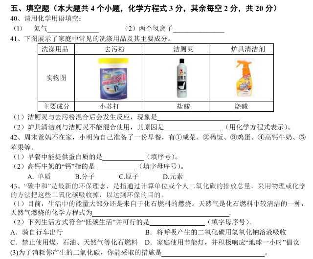 长沙雅礼集团期中考试理综试卷（四）