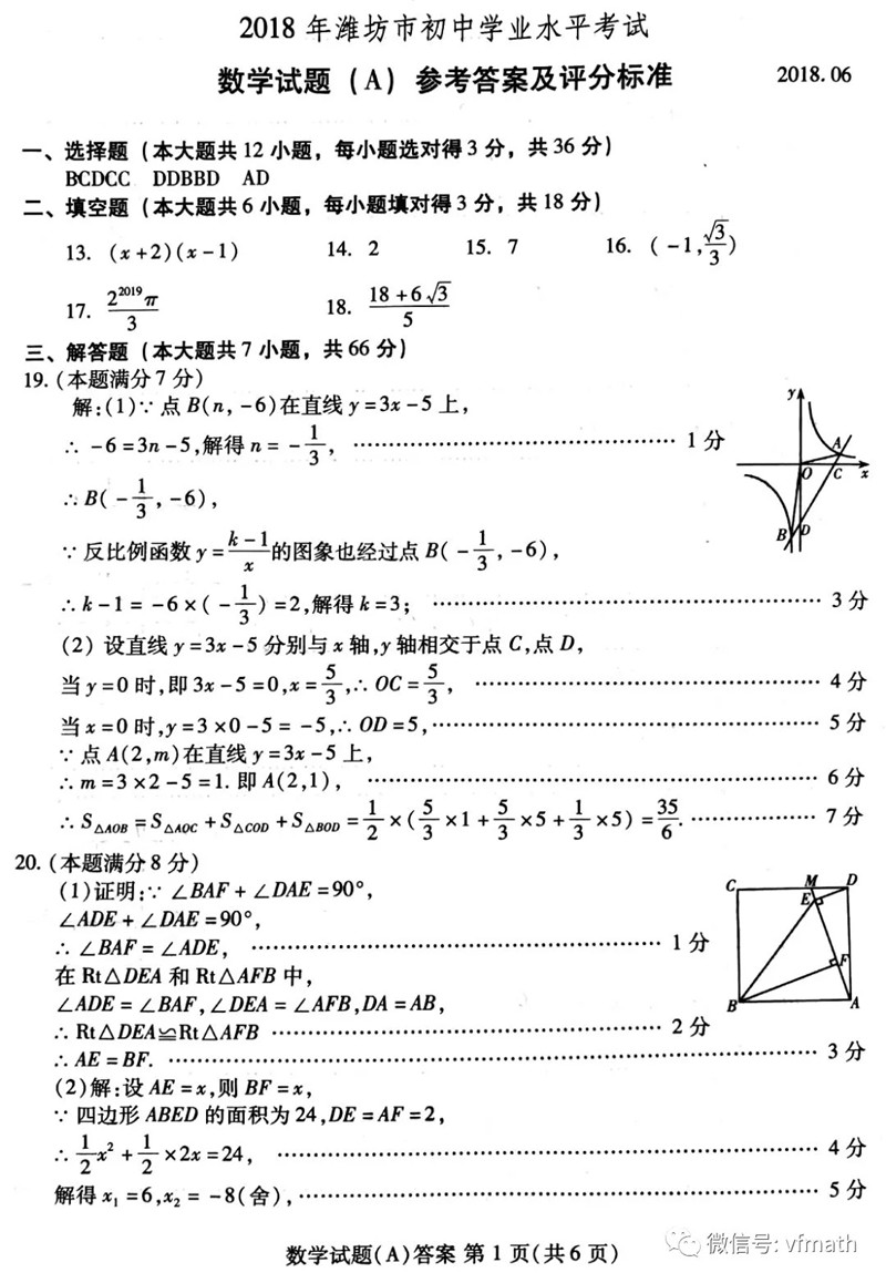 2018潍坊中考数学试题及答案解析(图片版含答案)