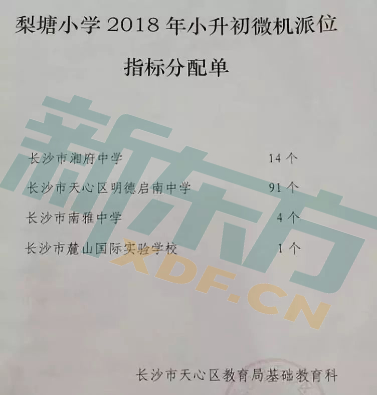 2018年长沙市天心区梨塘小学公办初中微机派位指标分配单