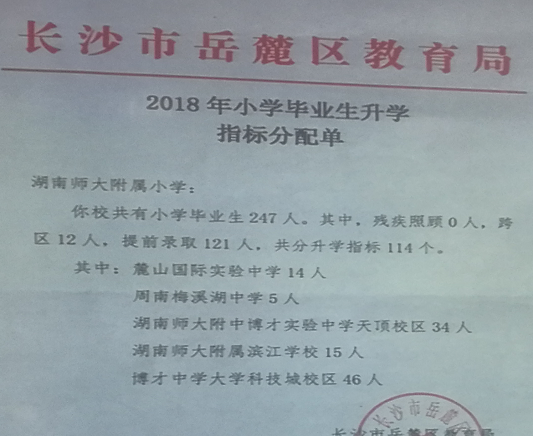 2018年长沙市岳麓区湖南师大附属小学公办初中微机派位指标分配单