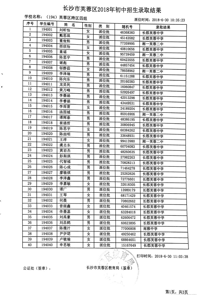 2018年长沙市芙蓉区小学跨区四组微机派位录取结果名单