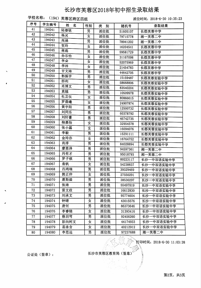 2018年长沙市芙蓉区小学跨区四组微机派位录取结果名单