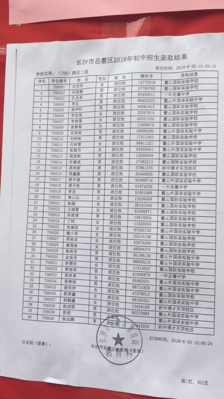 2018年长沙市岳麓区小学跨区二组微机派位录取结果名单