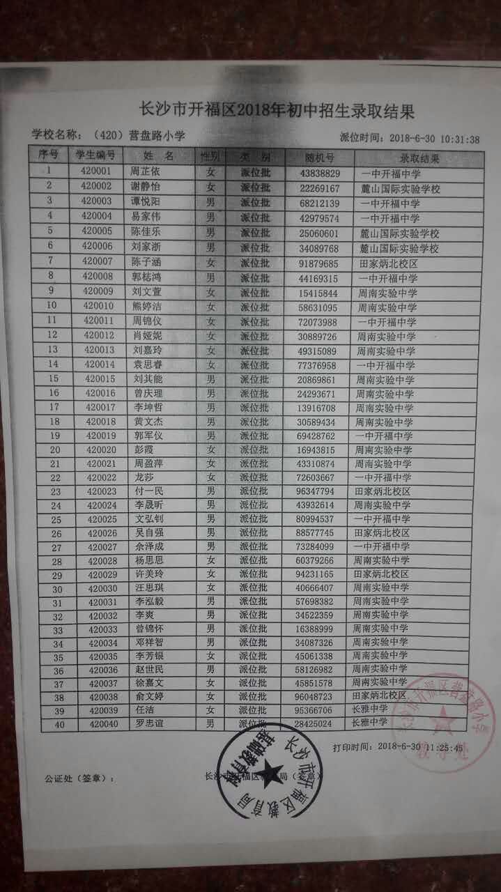 2018年长沙开福区营盘路小学微机派位结果名单