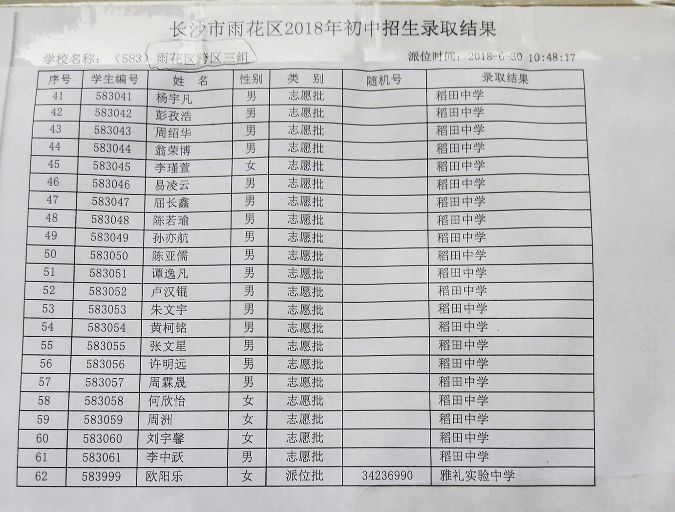 2018年长沙市雨花区小学跨区三组微机派位录取结果名单