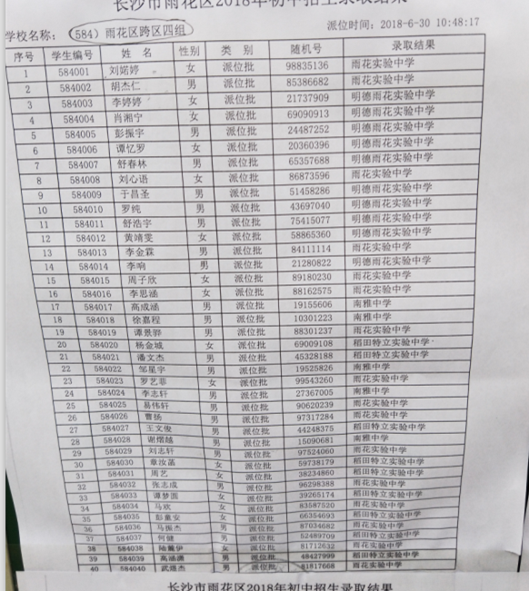 2018年长沙市雨花区小学跨区四组微机派位录取结果名单