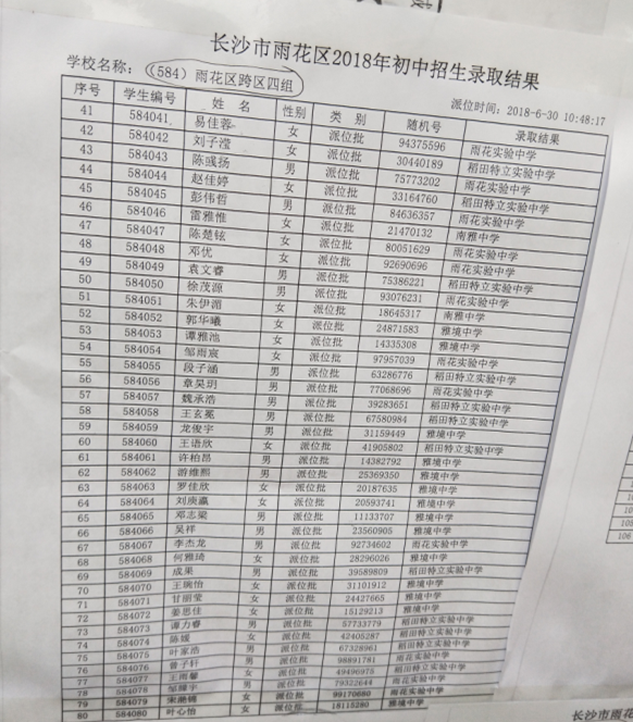 2018年长沙市雨花区小学跨区四组微机派位录取结果名单