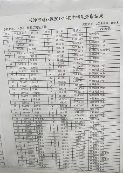 2018年长沙市雨花区小学跨区五组微机派位录取结果名单