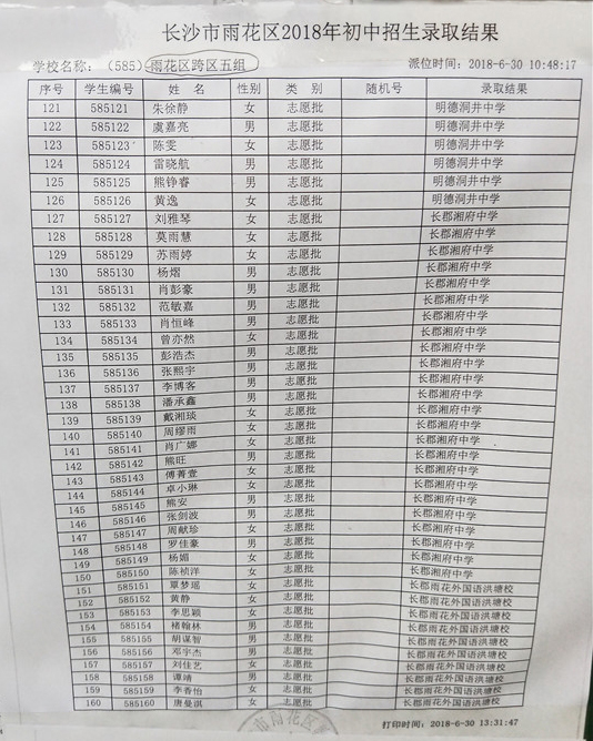 2018年长沙市雨花区小学跨区五组微机派位录取结果名单