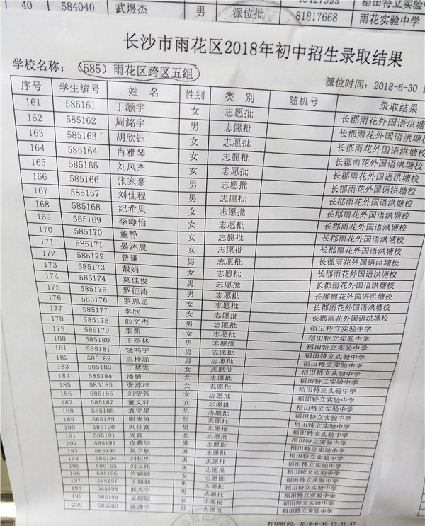 2018年长沙市雨花区小学跨区五组微机派位录取结果名单