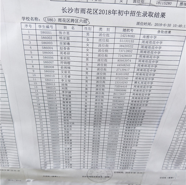 2018年长沙市雨花区小学跨区六组微机派位录取结果名单