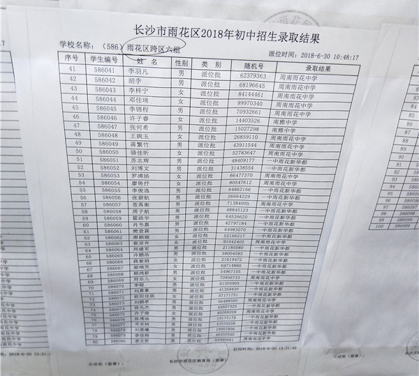 2018年长沙市雨花区小学跨区六组微机派位录取结果名单