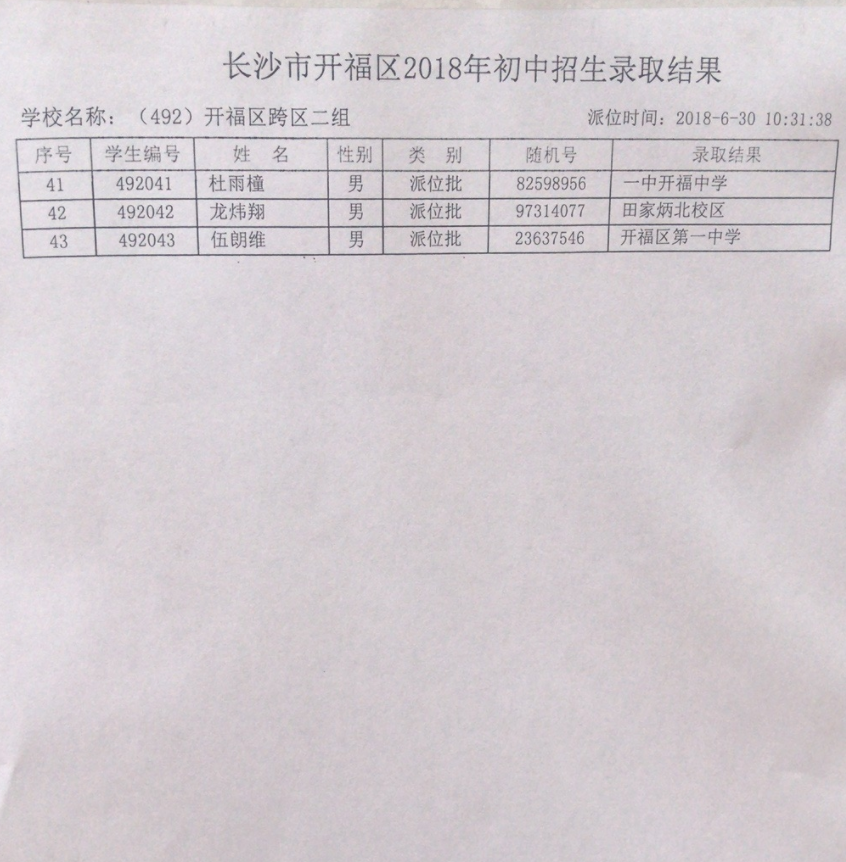 2018年长沙市开福区小学跨区二组微机派位录取结果名单