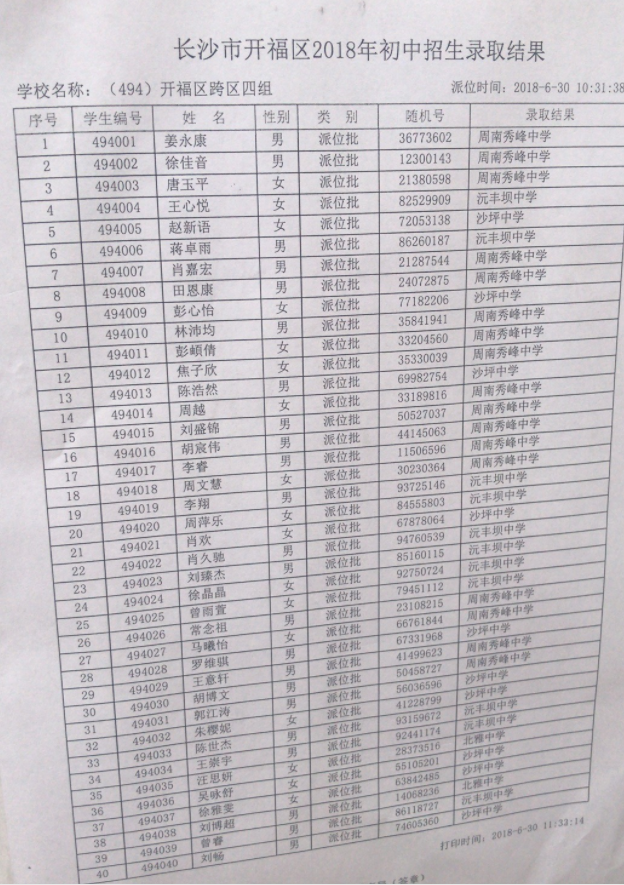 2018年长沙市开福区小学跨区四组微机派位录取结果名单