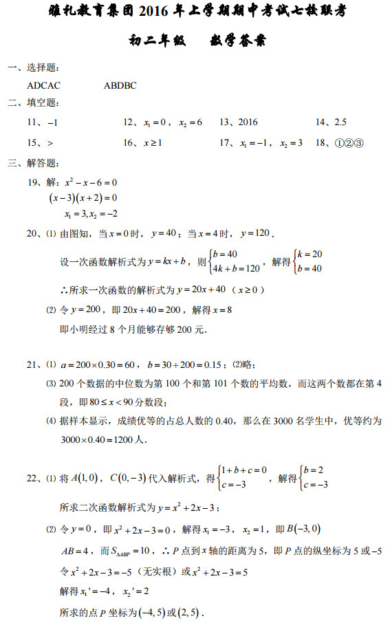 长沙雅礼集团初二上学期数学期中试卷答案