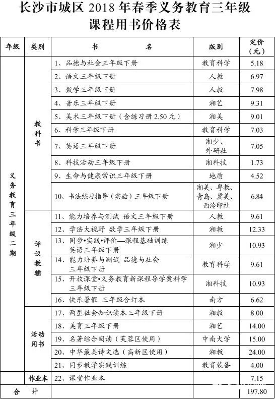 2018长沙春季义务教育三年级课程用书价格表