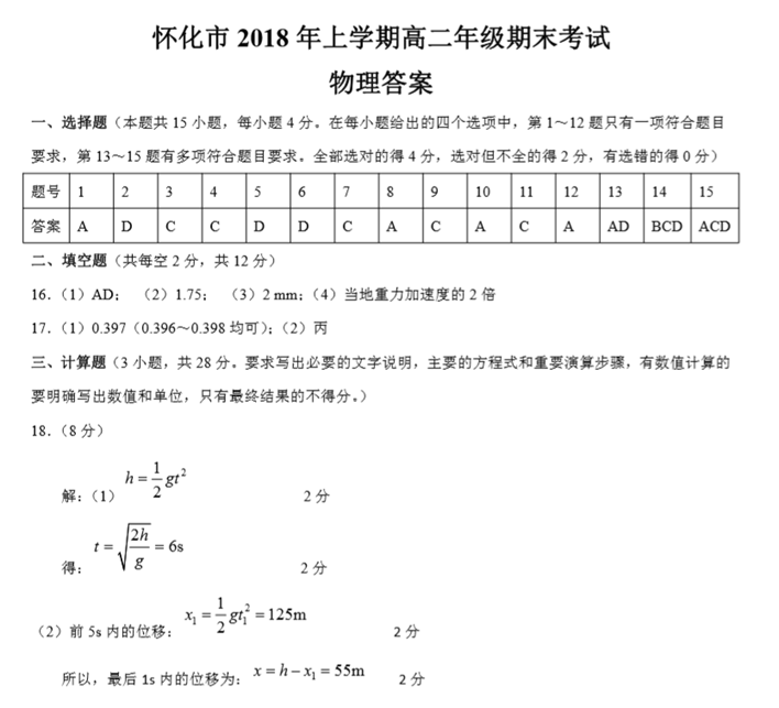 湖南省怀化市高二物理期末考试试题及答案(二)