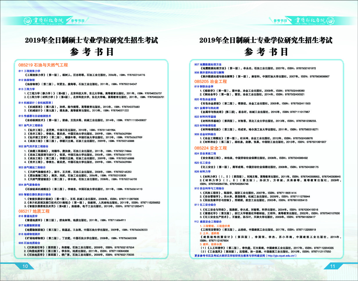 重庆科技学院2019年全日制专业学位研究生考试参考书目