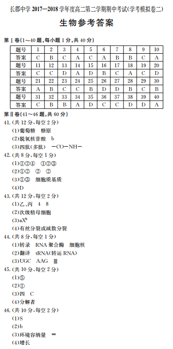 2018年长郡中学高二下生物期中试卷