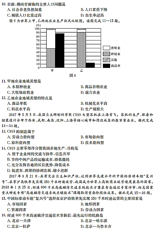 2018年长郡中学高二下地理期中试题