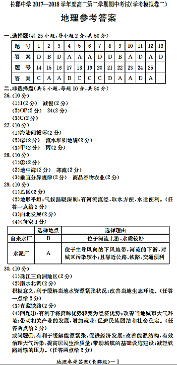 2018年长郡中学高二下地理期中试题