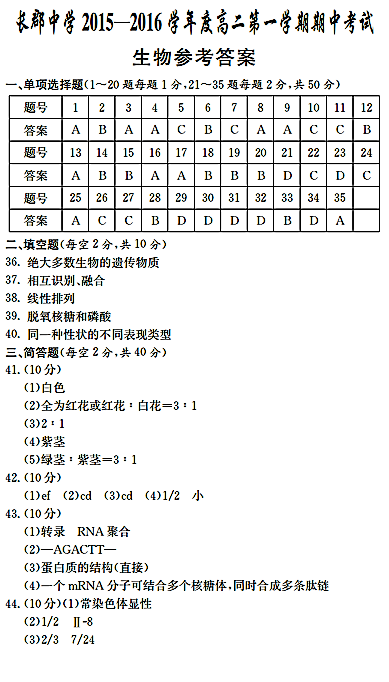 2016年长郡中学高二上生物期中试卷