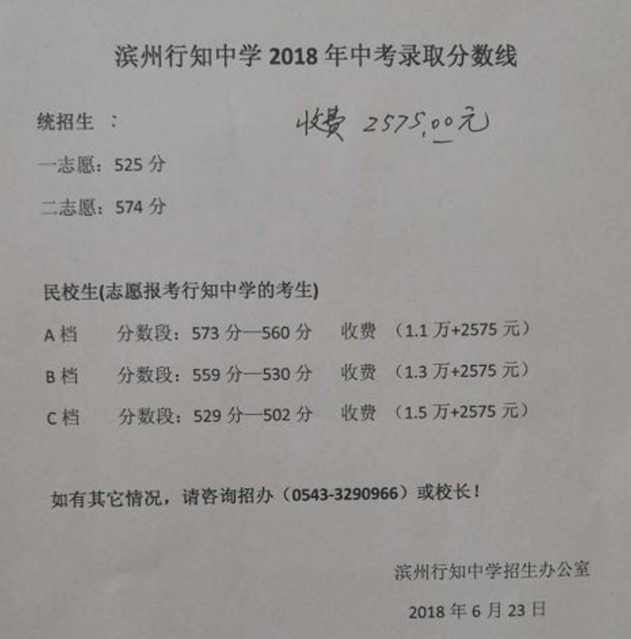 2018滨州中考最低录取控制分数线滨州教育局