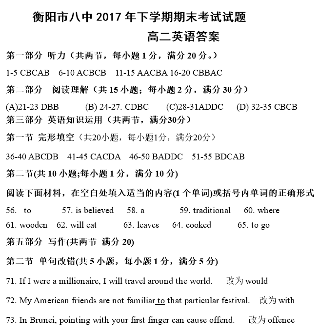 2017年衡阳八中高二下英语期末试题