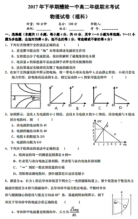 2017年醴陵一中高二上物理（理）期末试卷