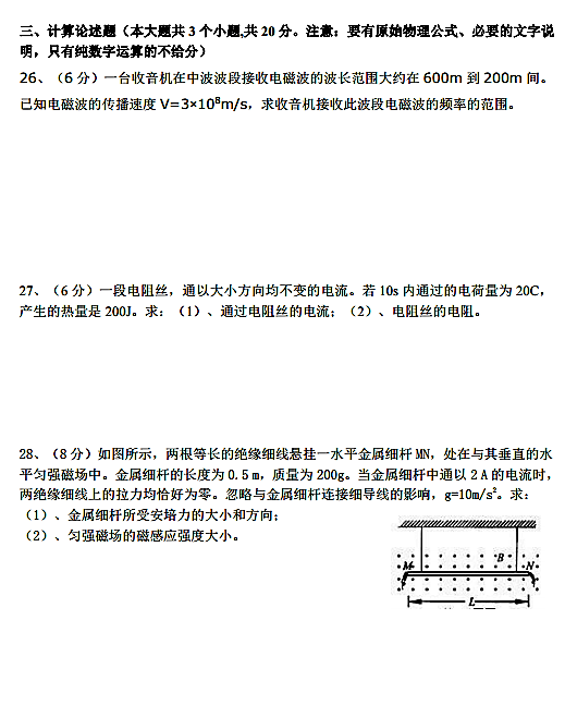 2017年醴陵一中高二上物理（文）期末试卷