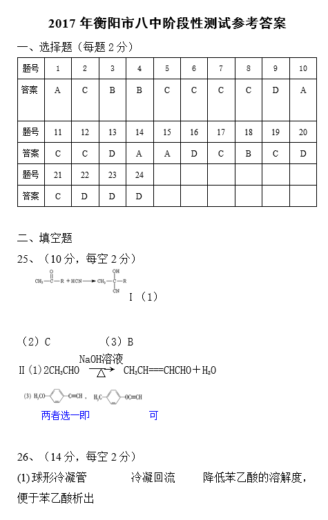 2017年衡阳八中高二上化学12月月考试题