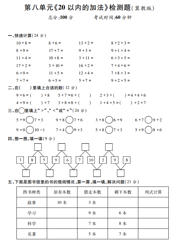 2018长沙一年级单元测试题：第八单元