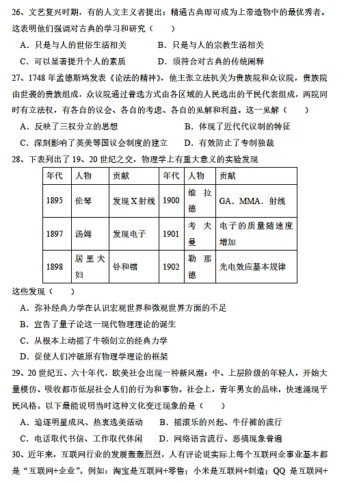 2017年浏阳一中高二下历史阶段测试试题